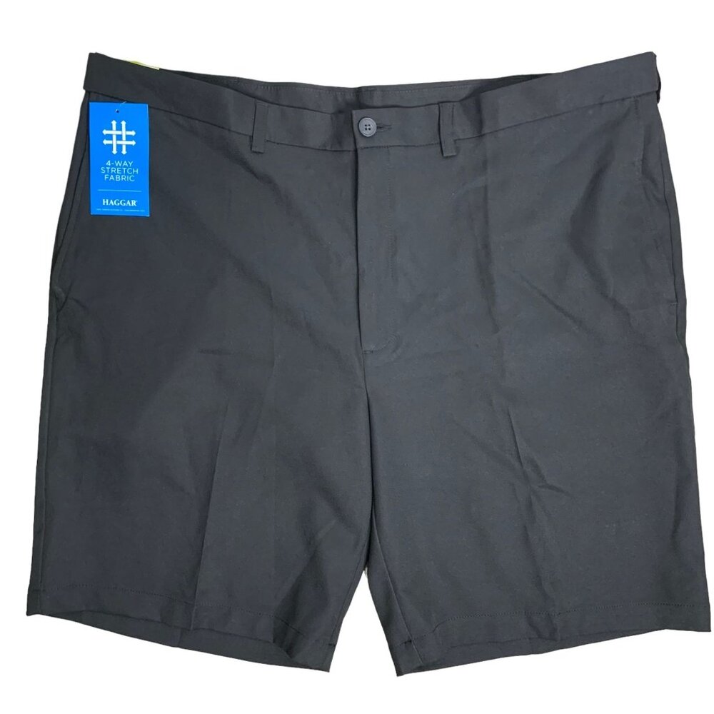 Haggar Cool 18 Pro Expandable Waist Shorts 44 Black Golf Pockets Button Zip NEW